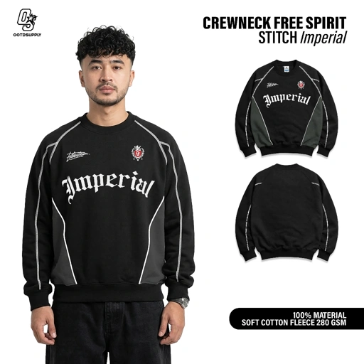 OOTDSUPPLY Crewneck Stitch Imperial Black Grey | Sweater Pria & Wanita | Cotton Fleece Unisex | OS-CN-STITCH-006