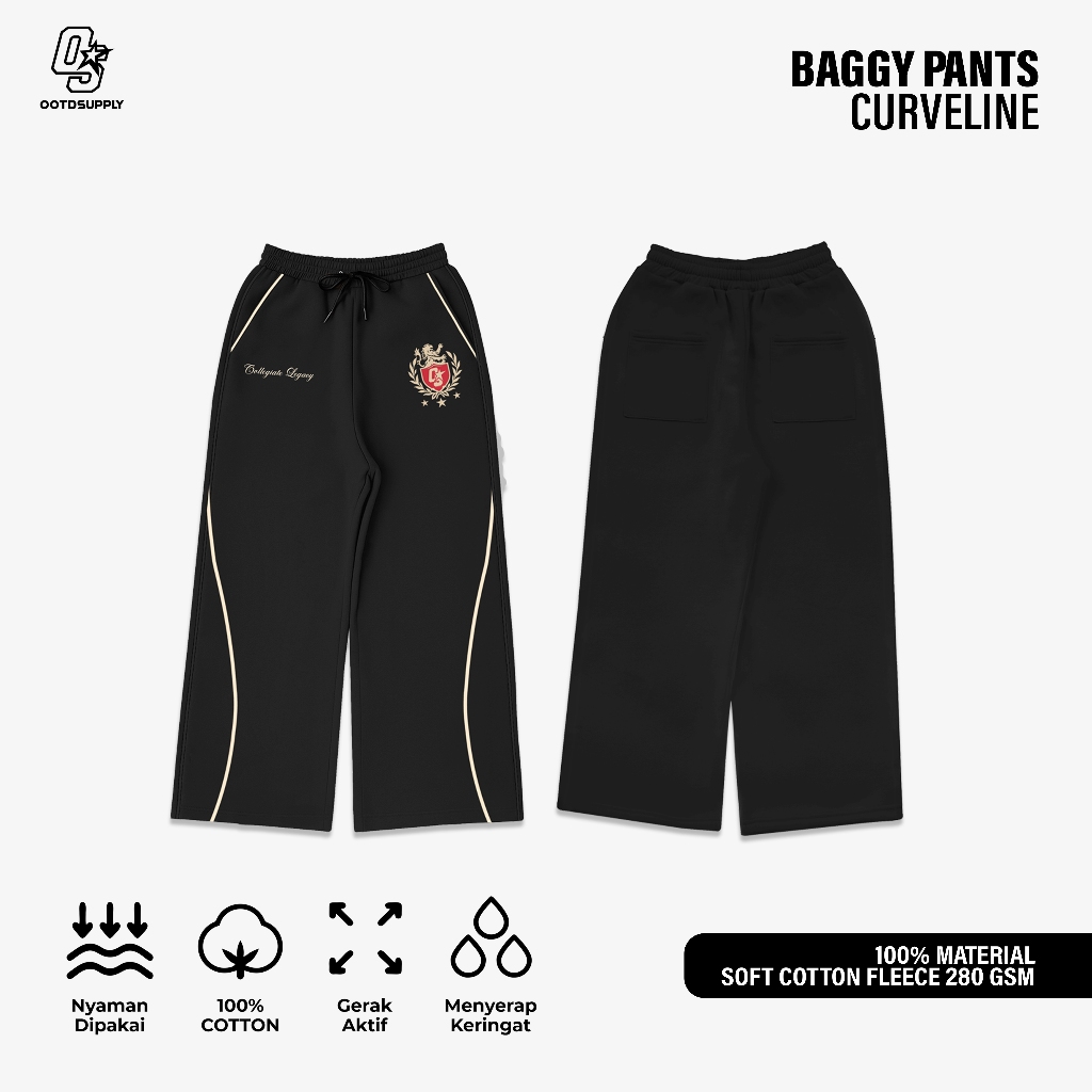 OOTDSUPPLY Baggy Pants Curveline Collegiate Black Cream l Celana Baggy Royal Series | Celana Panjang Double List Premium | OS-BP-CVL-BLC-003