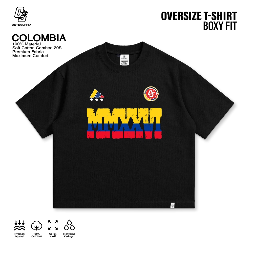 OOTDSUPPLY Boxy Fit Oversize Colombia Black | 20s Boxy World Cup Series | Tshirt Boxyfit l Kaos Boxy OS-OVZ-BX-068