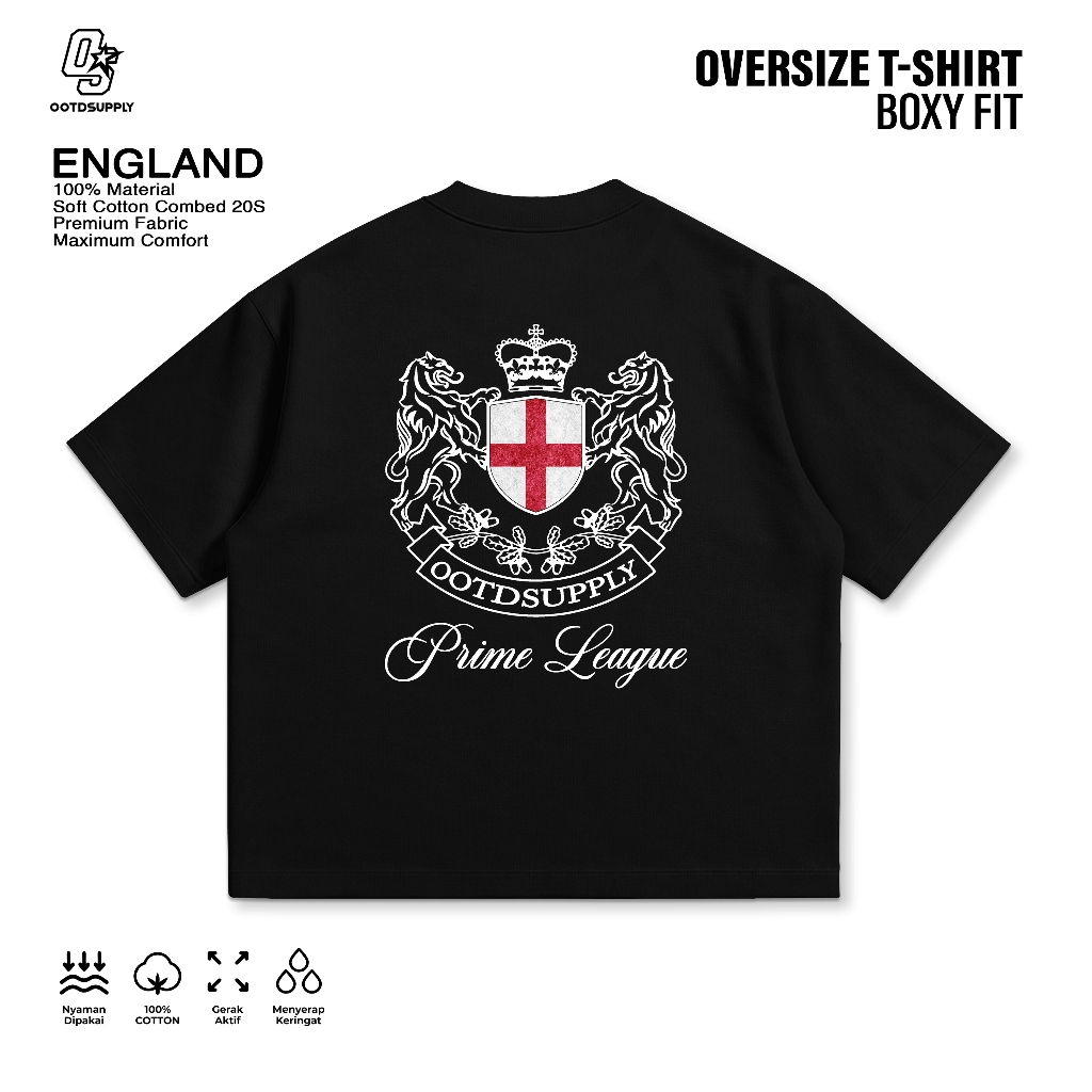 OOTDSUPPLY Boxy Fit Oversize England Black & Maroon | Cotton Boxy World Cup Series | Tshirt Boxyfit l Kaos Boxy OS-OVZ-BX-075