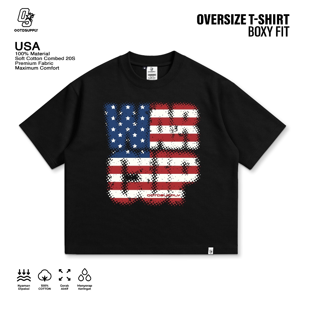 OOTDSUPPLY Boxy Fit Oversize USA Black | 20s Boxy World Cup Series | Tshirt Boxyfit l Kaos Boxy OS-OVZ-BX-074