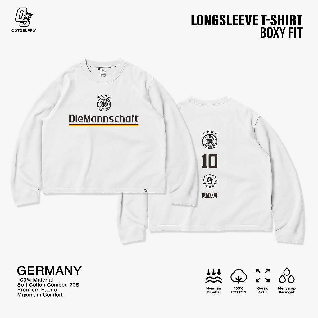 OOTDSUPPLY Longsleeve Boxy 20s Germany White l Oversize Boxy World Cups Series | T-Shirt Lengan Panjang l Kaos Panjang I Atasan Unisex | OS-LS-BX-019