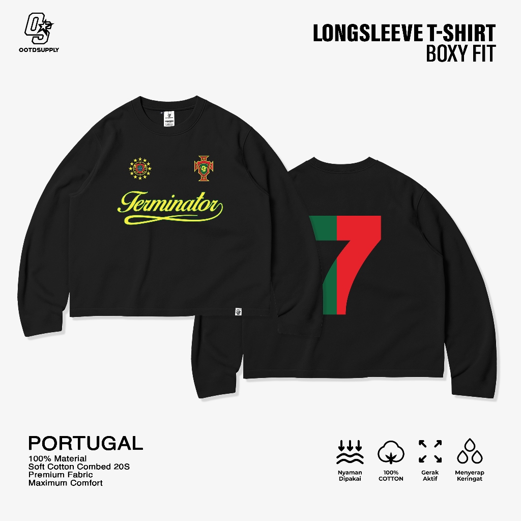 OOTDSUPPLY Longsleeve Boxy 20s Portugal Black l Oversize Boxy World Cups Series | T-Shirt Lengan Panjang l Kaos Panjang I Atasan Unisex | OS-LS-BX-020