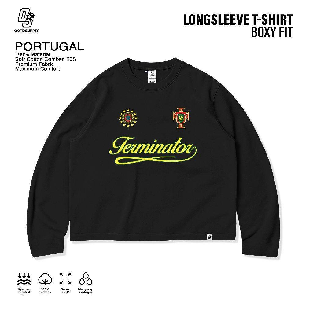 OOTDSUPPLY Longsleeve Boxy 20s Portugal Black l Oversize Boxy World Cups Series | T-Shirt Lengan Panjang l Kaos Panjang I Atasan Unisex | OS-LS-BX-020