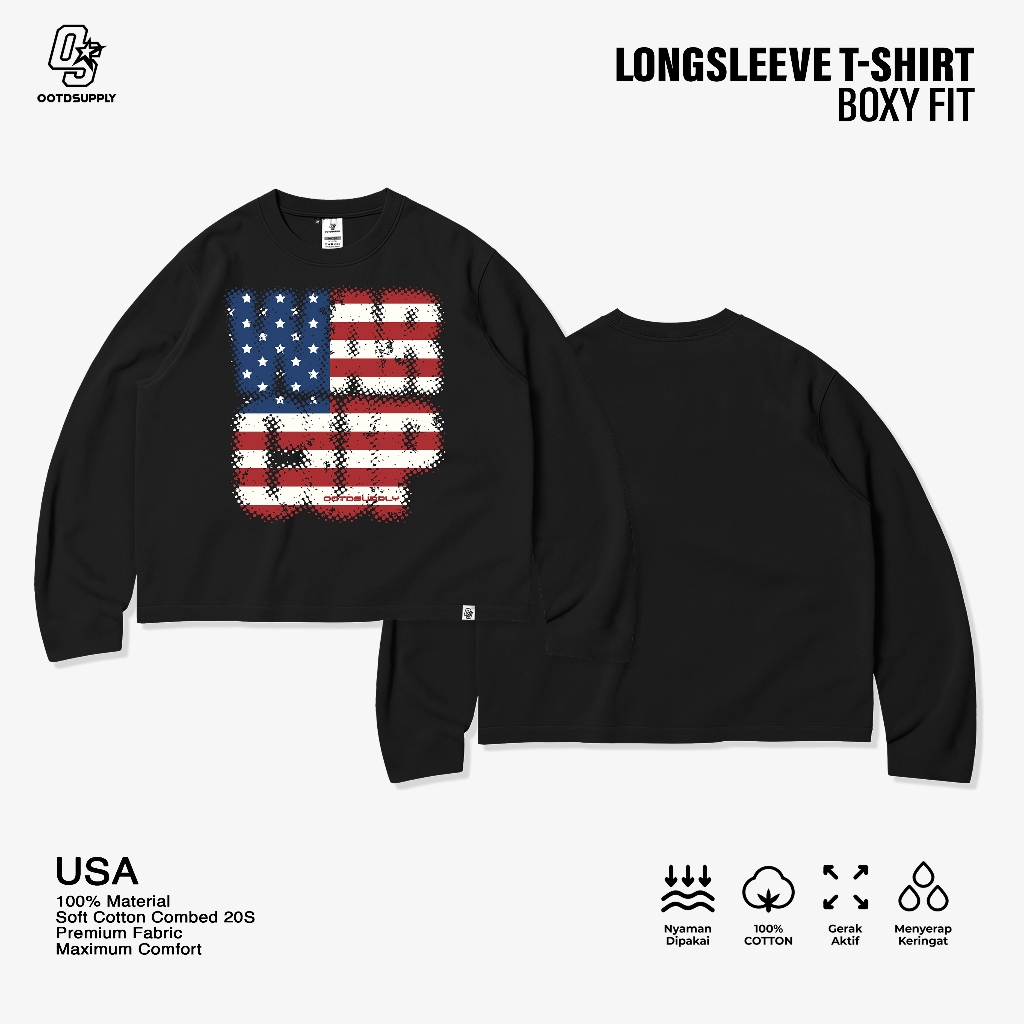 OOTDSUPPLY Longsleeve Boxy 20s USA  Black l Oversize Boxy World Cups Series | T-Shirt Lengan Panjang l Kaos Panjang I Atasan Unisex | OS-LS-BX-022