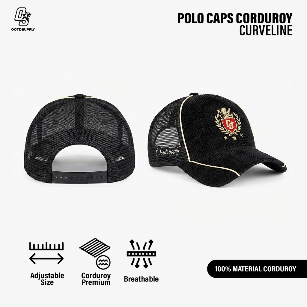 OOTDSUPPLY Polo Caps Corduroy Insignia Bordir Black| Topi Hat Twill Bordir Pria & Wanita | OS-CAP-CDR-06E-BC