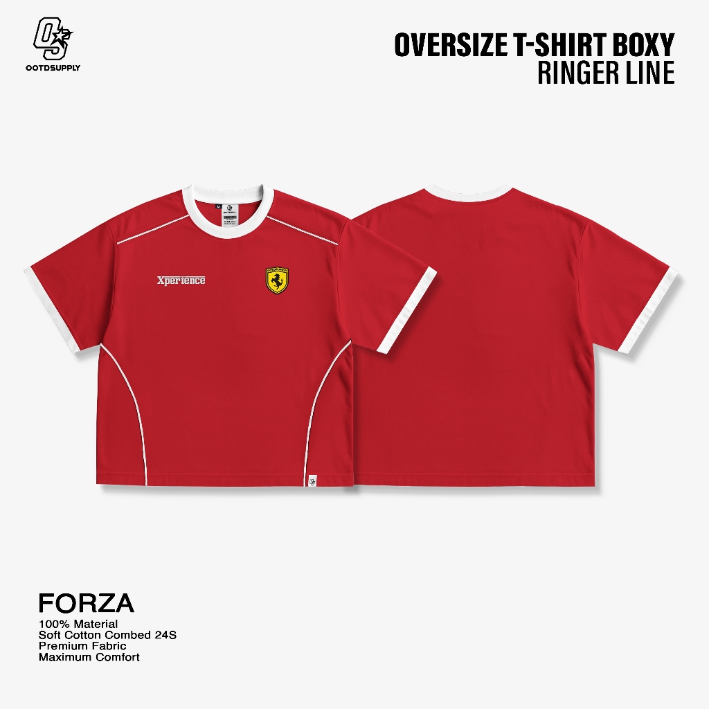 OOTDSUPPLY Oversize Boxy Ringer Line Forza Embroiderry Red Chili & Black l Kaos Boxy Unisex Ringer Series | OS-OVZ-BX-RL-RC-001E