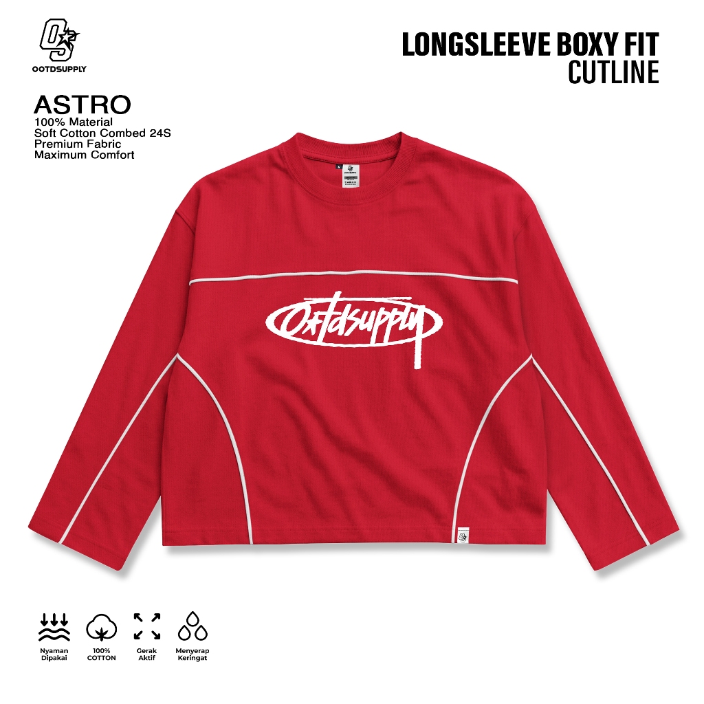 OOTDSUPPLY Longsleeve Boxy Cutline Astro Red Chili l Kaos Panjang Boxy List Unisex | LS-BX-CL-005