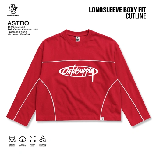 OOTDSUPPLY Longsleeve Boxy Cutline Astro Red Chili l Kaos Panjang Boxy List Unisex | LS-BX-CL-005