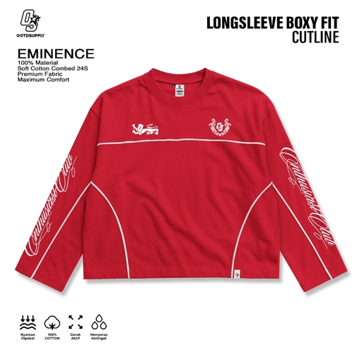 OOTDSUPPLY Longsleeve Boxy Cutline Eminence Red Chili | Kaos Panjang Boxy List Unisex | LS-BX-CL-006