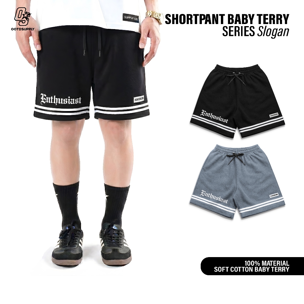 OOTDSUPPLY Celana Pendek Slogan Black & Light Grey l Celana Pendek | Celana Sport Baby Terry | OS-SP-BT-004