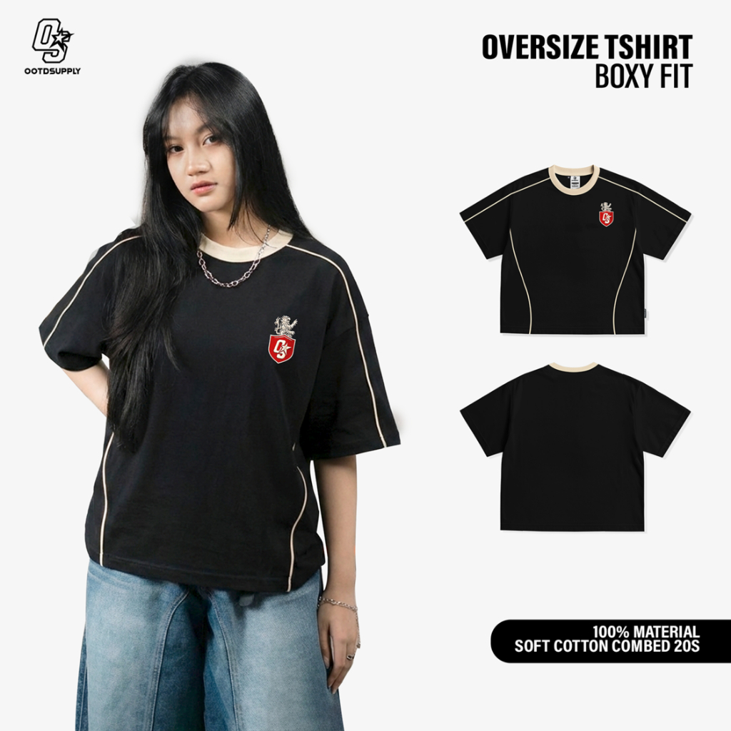 OOTDSUPPLY Tshirt Boxyfit Curveline Insignia Embroiderry Black Cream l Tshirt Oversize Boxyfit Unisex Royal Series | Kaos Double List Premium Pria dan Wanita | OS-OVZ-CVL-BLC-ISE