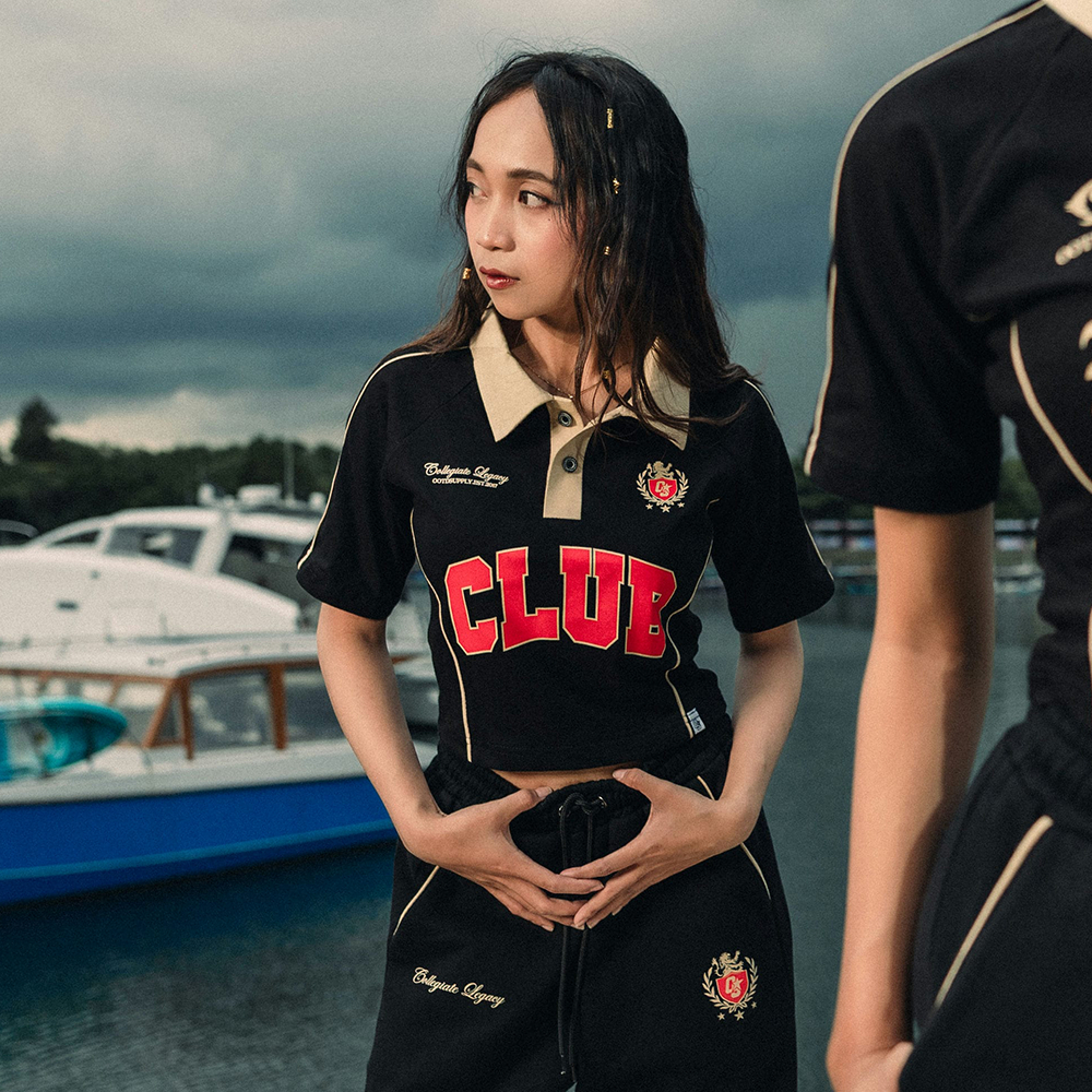 OOTDSUPPLY Polo Croptop SlimFit Curveline Collegiate Black Cream l Polo Crop Fit Royal Series | Crop Fit Double List Premium | OS-CT-PS-CVL-BLC-003