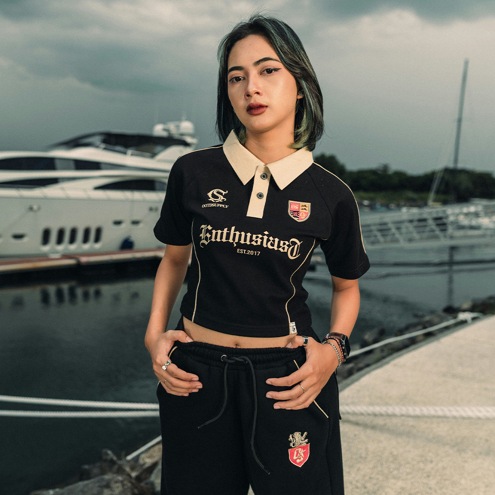OOTDSUPPLY Polo Croptop SlimFit Curveline Monarch Black Cream l Polo Crop Fit Royal Series | Crop Fit Double List Premium | OS-CT-PS-CVL-BLC-002