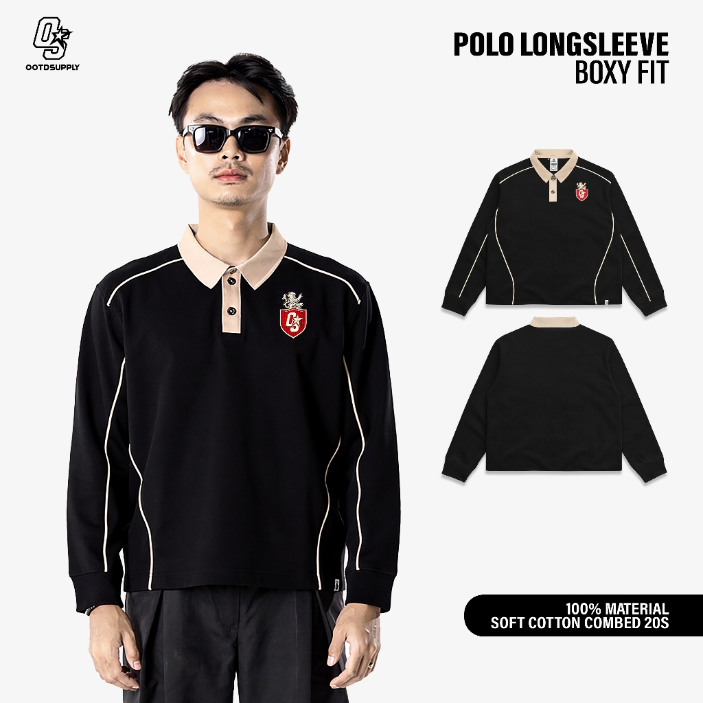 OOTDSUPPLY Polo Longsleeve BoxyFit Curveline Insignia Embroiderry Black Cream l Polo Lengan Panjang Royal Series | Kaos Panjang Double List Premium | OS-LS-PS-CVL-BLC-ISE