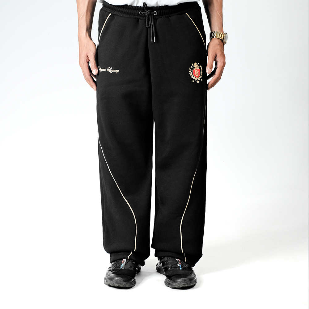 OOTDSUPPLY Baggy Pants Curveline Collegiate Black Cream l Celana Baggy Royal Series | Celana Panjang Double List Premium | OS-BP-CVL-BLC-003