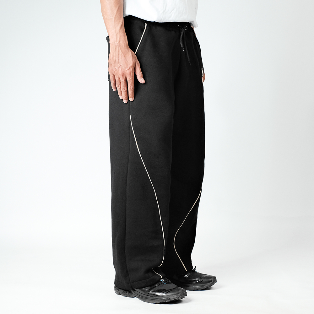 OOTDSUPPLY Baggy Pants Curveline Insignia Embroiderry Black Cream l Celana Baggy Royal Series | Celana Panjang Double List Premium | OS-BP-CVL-BLC-ISE