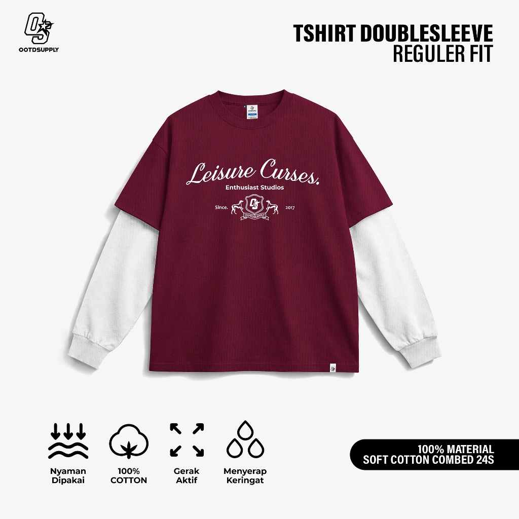 OOTDSUPPLY Longsleeve Doublesleeve Curse Maroon White | Longsleeve Reguler Fit | Kaos Lengan Panjang Layer | OS-LS-DS-RIB-MW-007