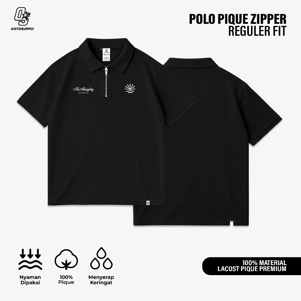 OOTDSUPPLY Polo Pique Zipper Almighty Embroidery Black l Polo Pique | Kemeja Unisex Regular Fit | Kaos Polo Premium Lacost I OS-PS-ZP-BLK-03E