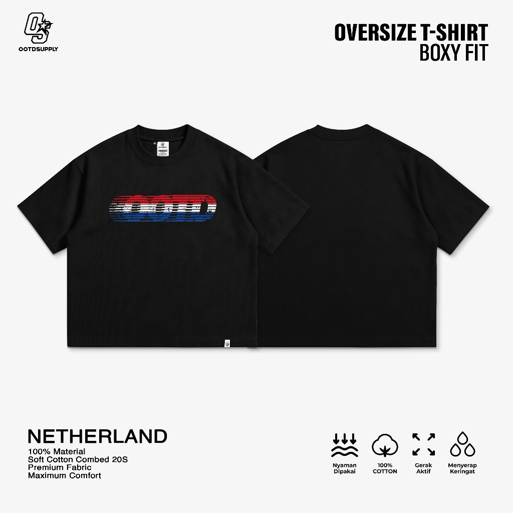 OOTDSUPPLY Boxy Fit Oversize Netherland Black | 20s Boxy World Cup Series | Tshirt Boxyfit l Kaos Boxy OS-OVZ-BX-070