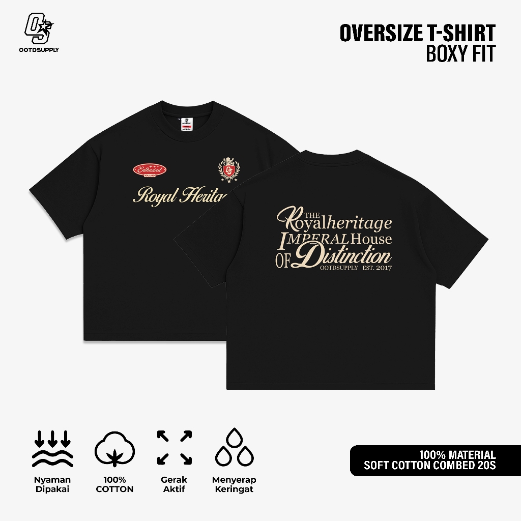 OOTDSUPPLY Boxy Fit Oversize Royal Heritage Black | 20s Boxy Series | Tshirt Boxyfit l Kaos Boxy OS-OVZ-BX-055