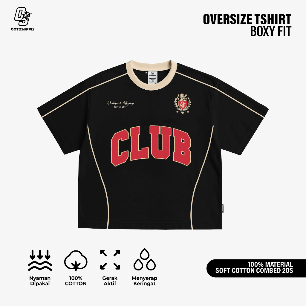 OOTDSUPPLY Tshirt BoxyFit Curveline Collegiate Black Cream l Tshirt Oversize Boxyfit Unisex Royal Series | Kaos Double List Premium Pria dan Wanita | OS-OVZ-CVL-BLC-003