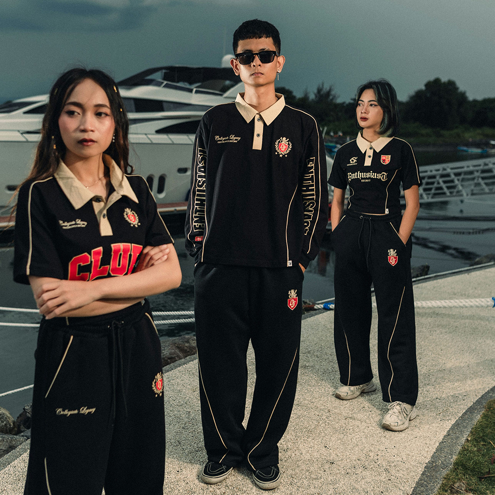 OOTDSUPPLY Polo Longsleeve BoxyFit Curveline Athletic Black Cream l Polo Lengan Panjang Royal Series | Kaos Panjang Double List Premium | OS-LS-PS-CVL-BLC-004