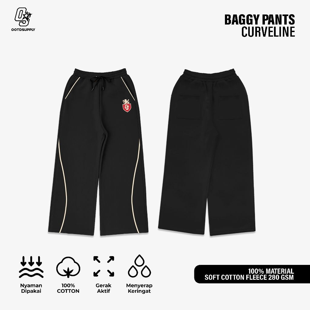 OOTDSUPPLY Baggy Pants Curveline Insignia Embroiderry Black Cream l Celana Baggy Royal Series | Celana Panjang Double List Premium | OS-BP-CVL-BLC-ISE