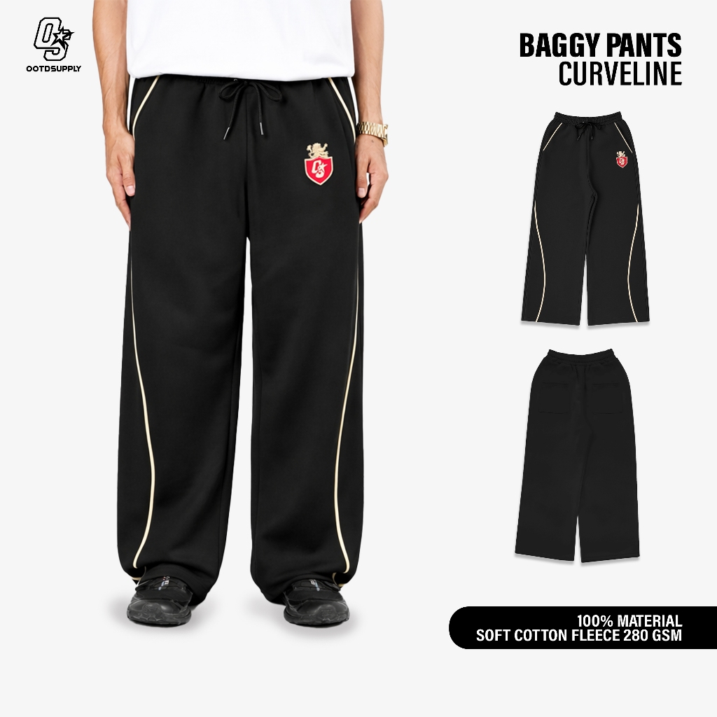 OOTDSUPPLY Baggy Pants Curveline Insignia Embroiderry Black Cream l Celana Baggy Royal Series | Celana Panjang Double List Premium | OS-BP-CVL-BLC-ISE