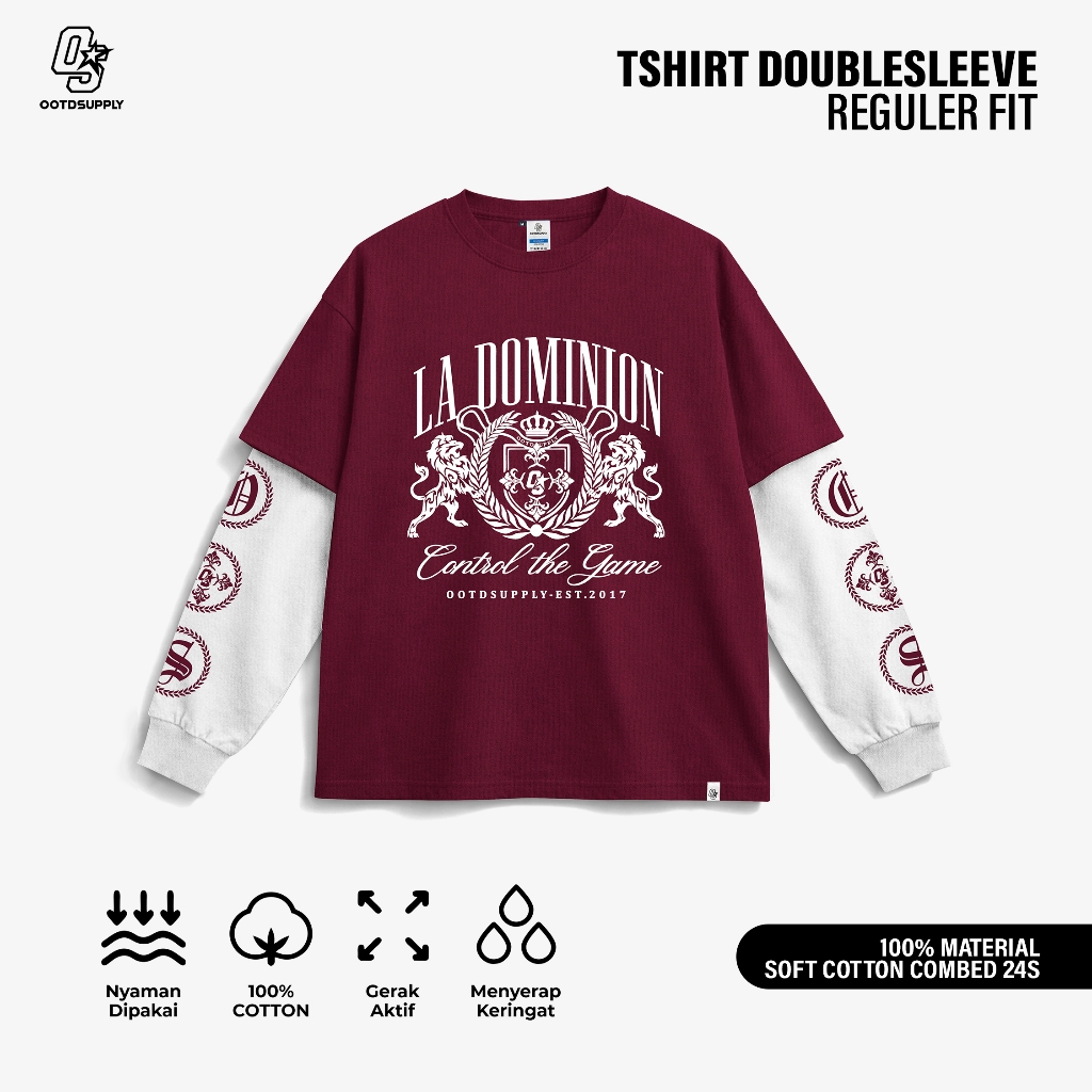 OOTDSUPPLY Longsleeve Doublesleeve La Dominion Maroon White | Longsleeve Reguler Fit | Kaos Lengan Panjang Layer | OS-LS-DS-RIB-MW-006