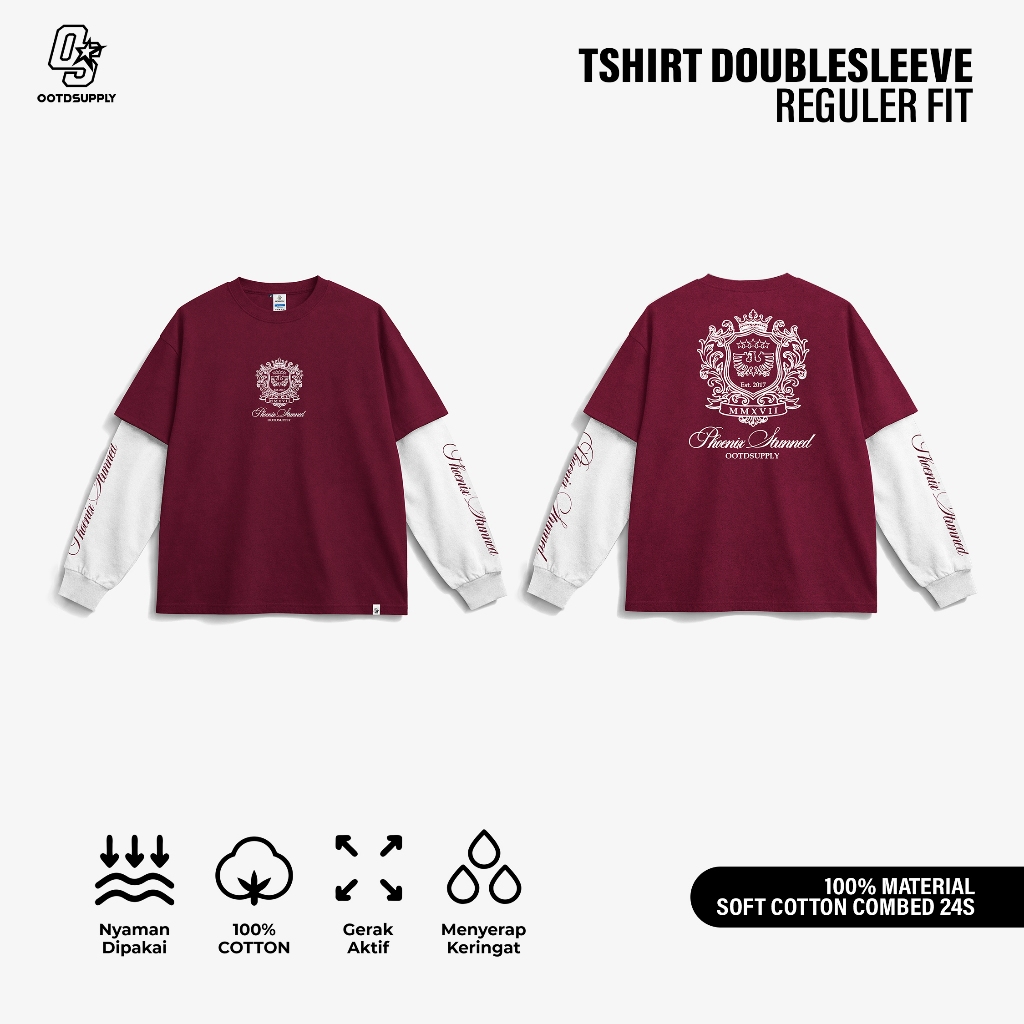 OOTDSUPPLY Longsleeve Doublesleeve Phoenix Maroon White | Longsleeve Reguler Fit | Kaos Lengan Panjang Layer | OS-LS-DS-RIB-MW-005