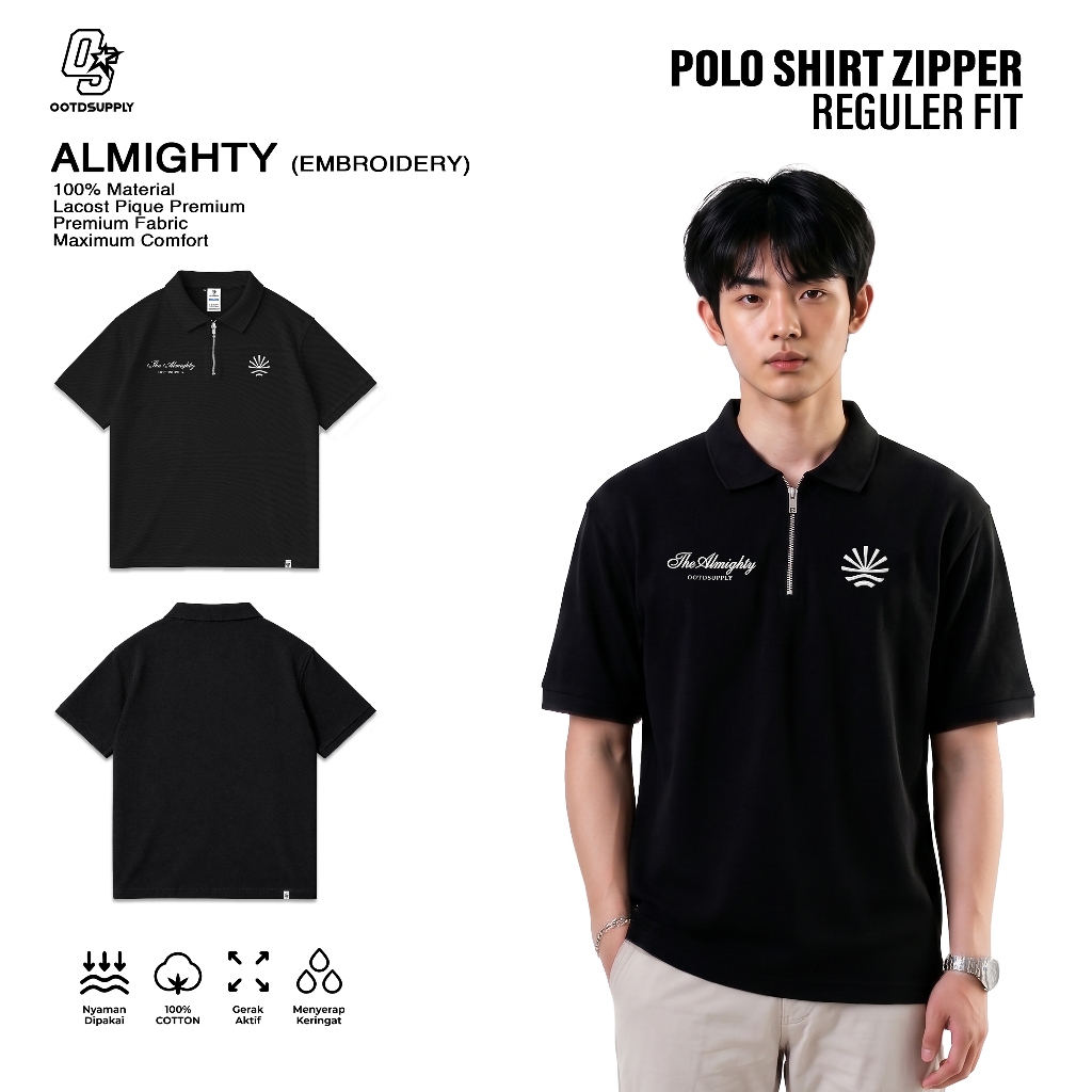 OOTDSUPPLY Polo Pique Zipper Almighty Embroidery Black l Polo Pique | Kemeja Unisex Regular Fit | Kaos Polo Premium Lacost I OS-PS-ZP-BLK-03E