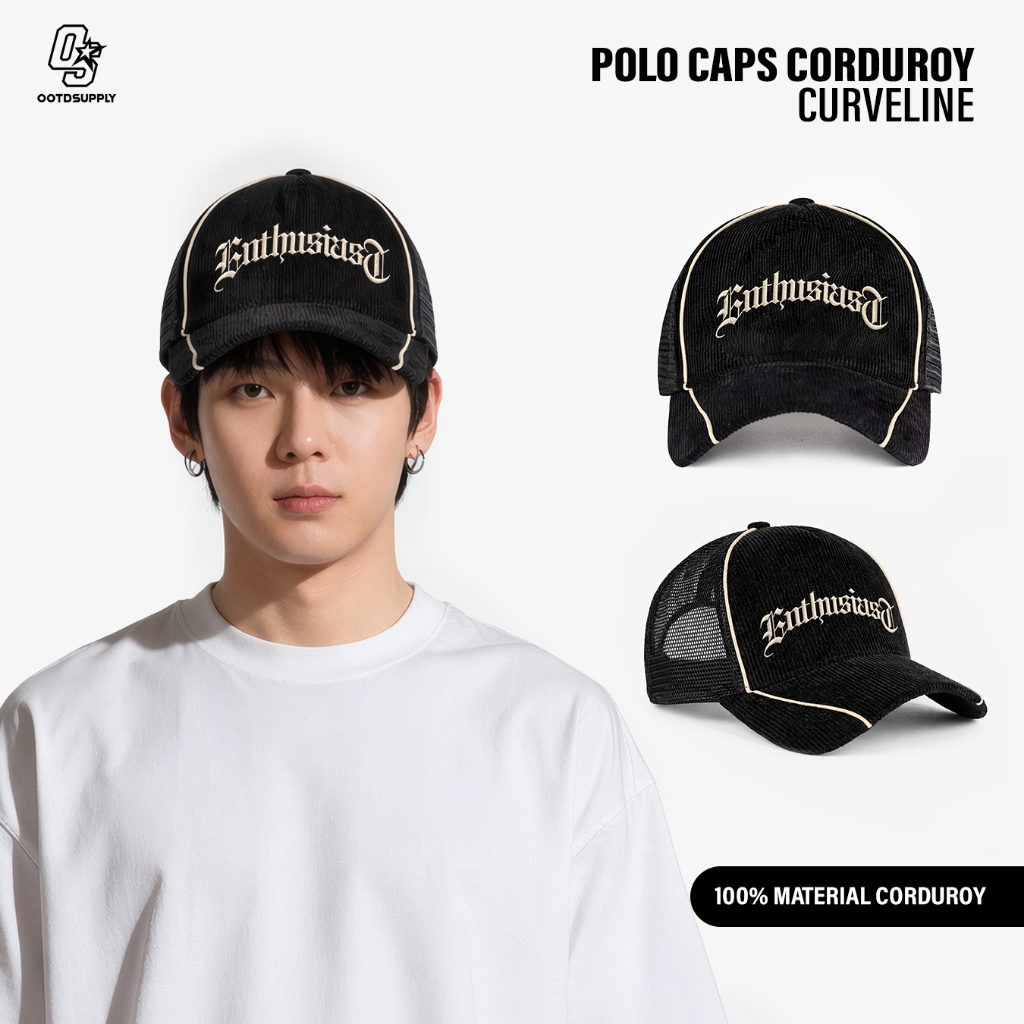 OOTDSUPPLY Polo Caps Corduroy Bayone Bordir Black | Topi Hat Twill Bordir Pria & Wanita | OS-CAP-CDR-046-BC