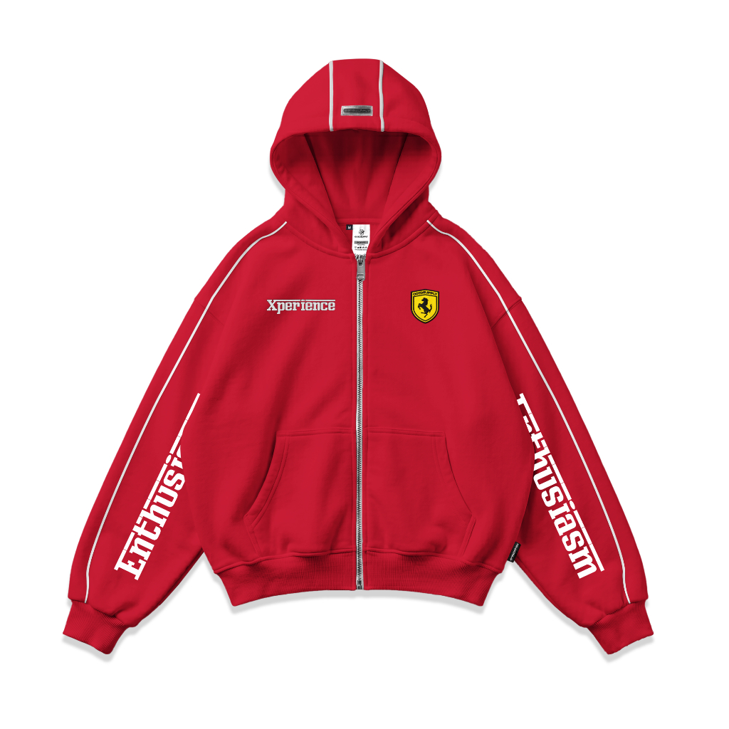 OOTDSUPPLY Hoodie Zipper BoxyFit Forza Embroiderry Red & Black l Hoodie Boxy Zipper List Series | OS-HDBX-ZP-LIST-RC-001E