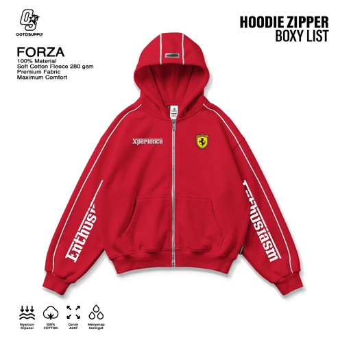OOTDSUPPLY Hoodie Zipper BoxyFit Forza Embroiderry Red l Hoodie Boxy Zipper List Series | OS-HDBX-ZP-LIST-RC-001E