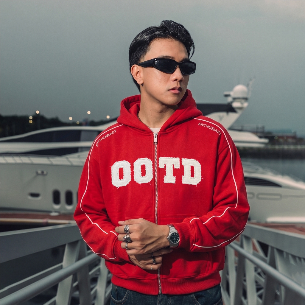 OOTDSUPPLY Hoodie Zipper BoxyFit Stray Red l Hoodie Boxy Zipper List Series | OS-HDBX-ZP-LIST-RC-002