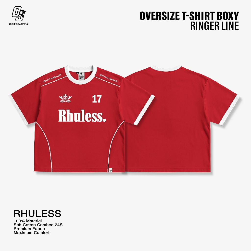 OOTDSUPPLY Oversize Boxy Ringer Line Rhuless Red Chili l Kaos Boxy Unisex Ringer Series | OS-OVZ-BX-RL-RC-002