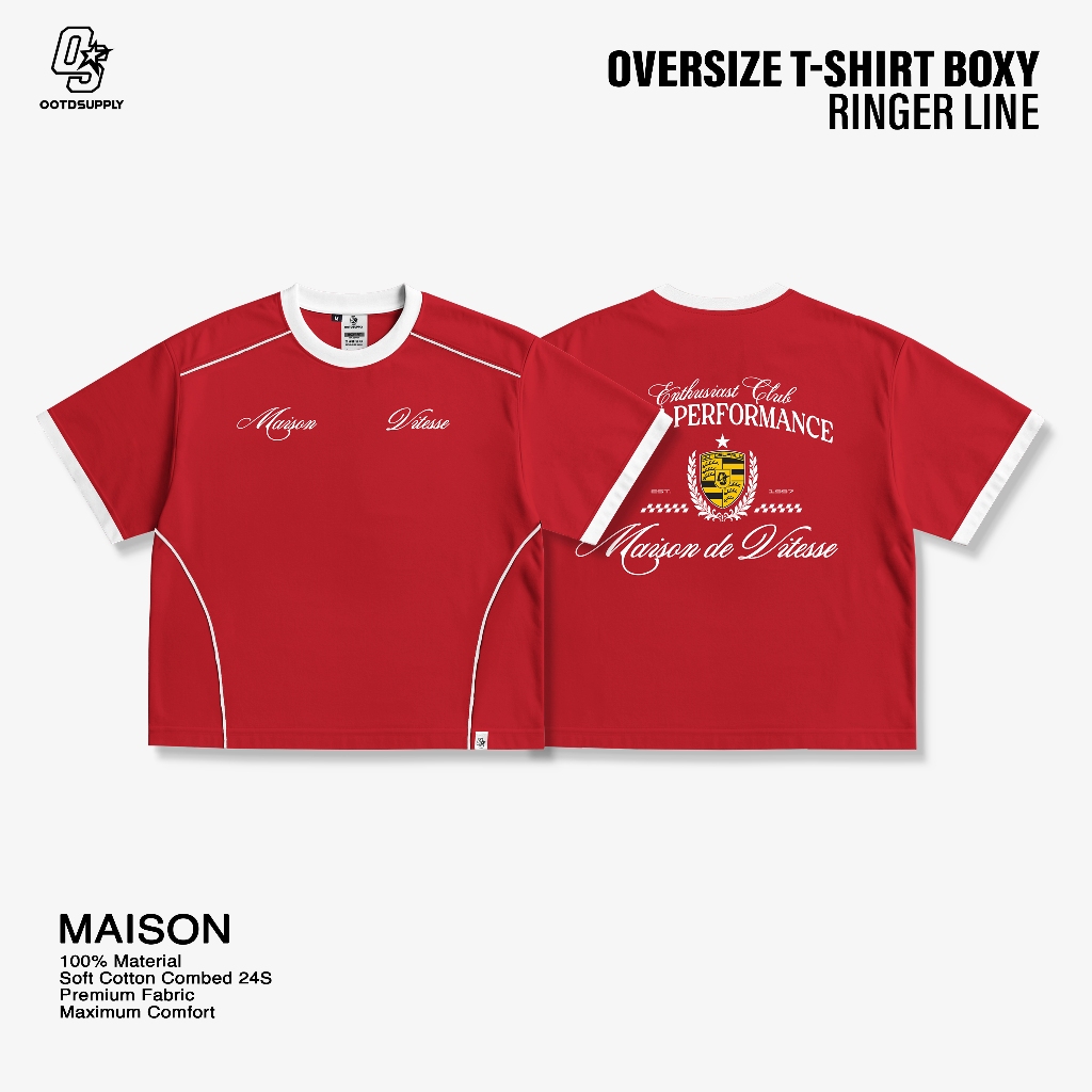 OOTDSUPPLY Oversize Boxy Ringer Line Maison Red Chili & Black l Kaos Boxy Unisex Ringer Series | OS-OVZ-BX-RL-RC-003