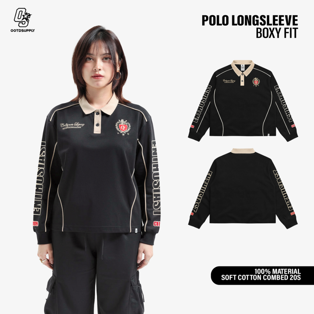 OOTDSUPPLY Polo Longsleeve BoxyFit Curveline Athletic Black Cream l Polo Lengan Panjang Royal Series | Kaos Panjang Double List Premium | OS-LS-PS-CVL-BLC-004