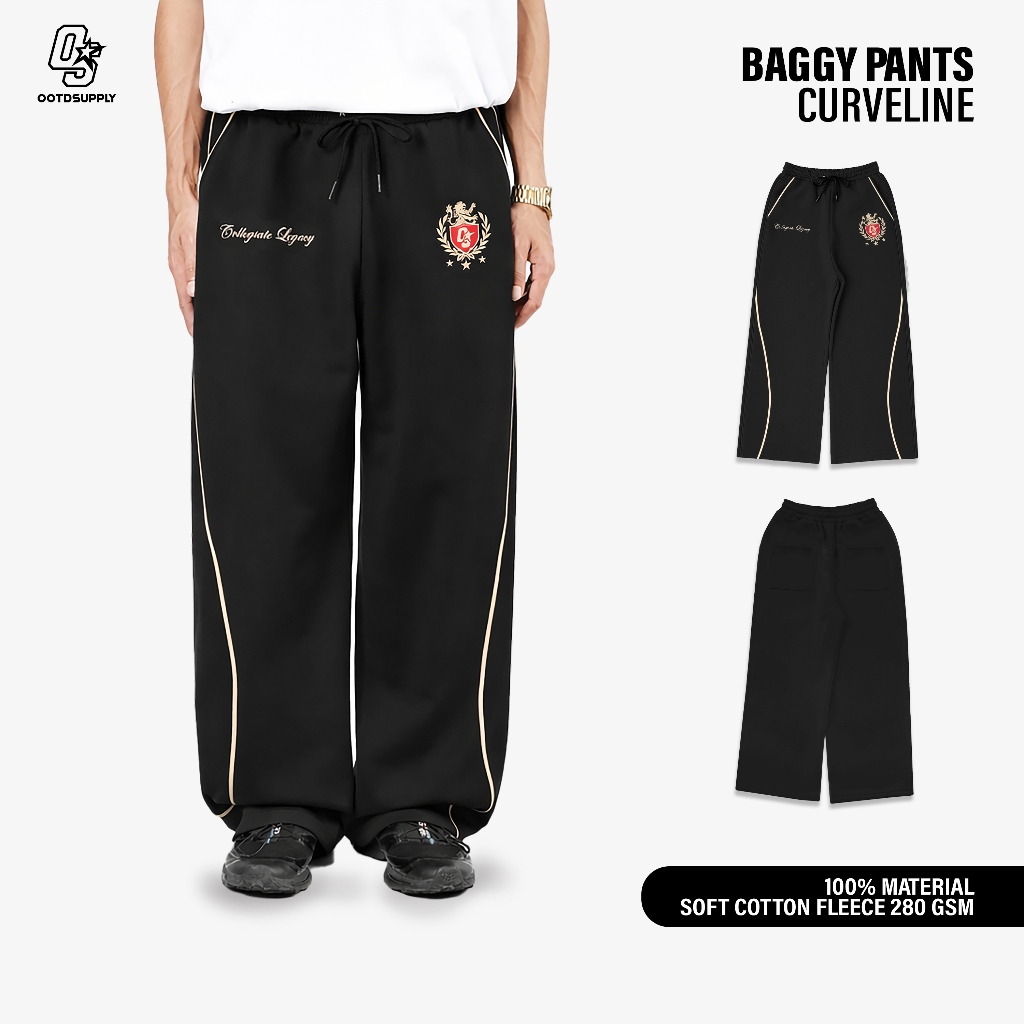 OOTDSUPPLY Baggy Pants Curveline Collegiate Black Cream l Celana Baggy Royal Series | Celana Panjang Double List Premium | OS-BP-CVL-BLC-003