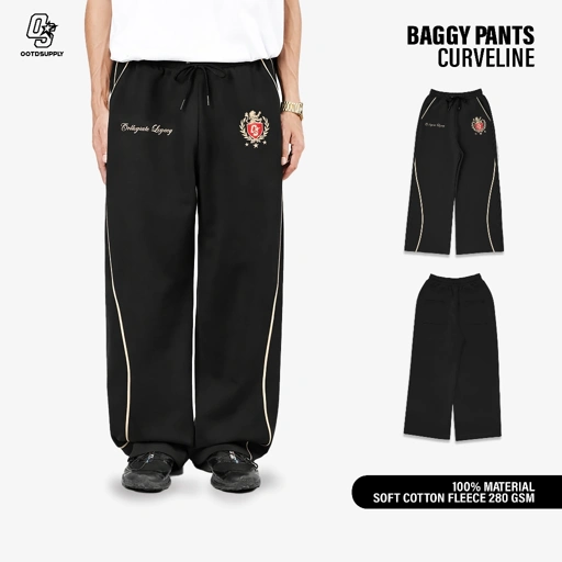 Image of OOTDSUPPLY Baggy Pants Curveline Collegiate Black Cream l Celana Baggy Royal Series | Celana Panjang Double List Premium | OS-BP-CVL-BLC-003