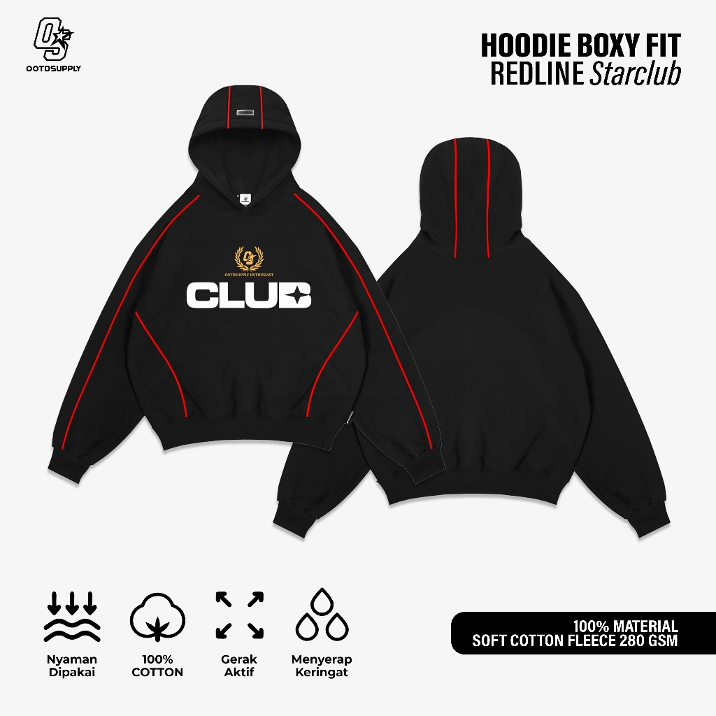 OOTDSUPPLY Hoodie BoxyFit Redline Starclub Black l Hoodie Boxy Line Series | OS-HDBX-RL-BLK-004