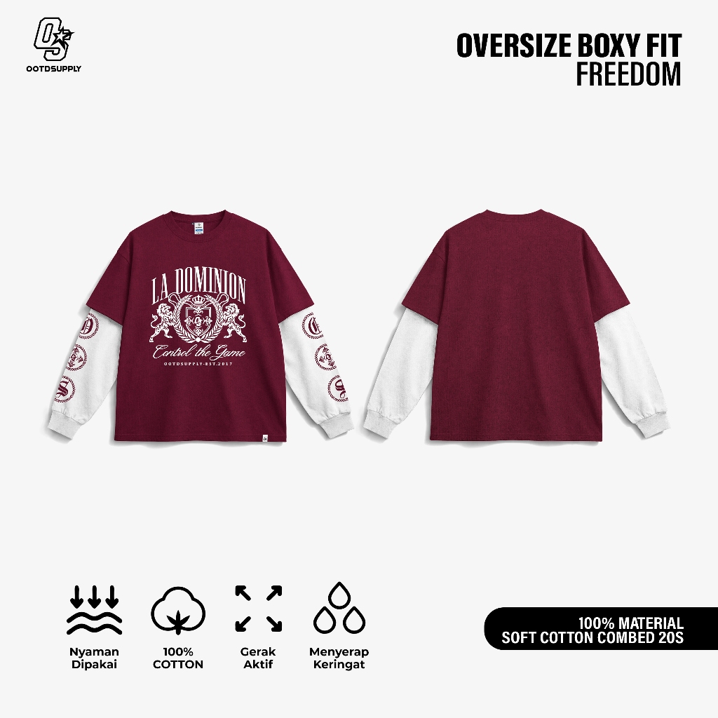 OOTDSUPPLY Longsleeve Doublesleeve La Dominion Maroon White | Longsleeve Reguler Fit | Kaos Lengan Panjang Layer | OS-LS-DS-RIB-MW-006