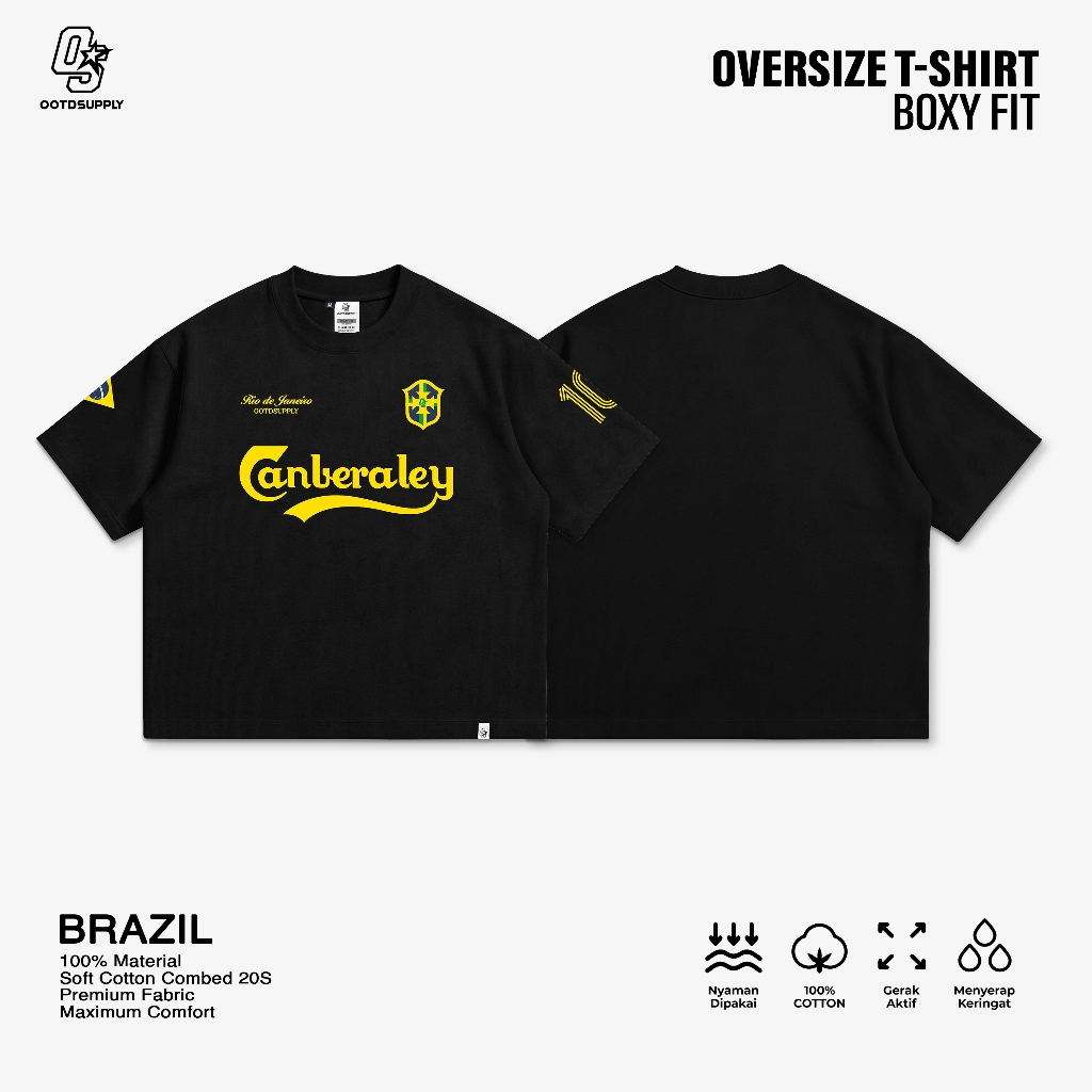 OOTDSUPPLY Boxy Fit Oversize Brazil Black | 20s Boxy World Cup Series | Tshirt Boxyfit l Kaos Boxy OS-OVZ-BX-067
