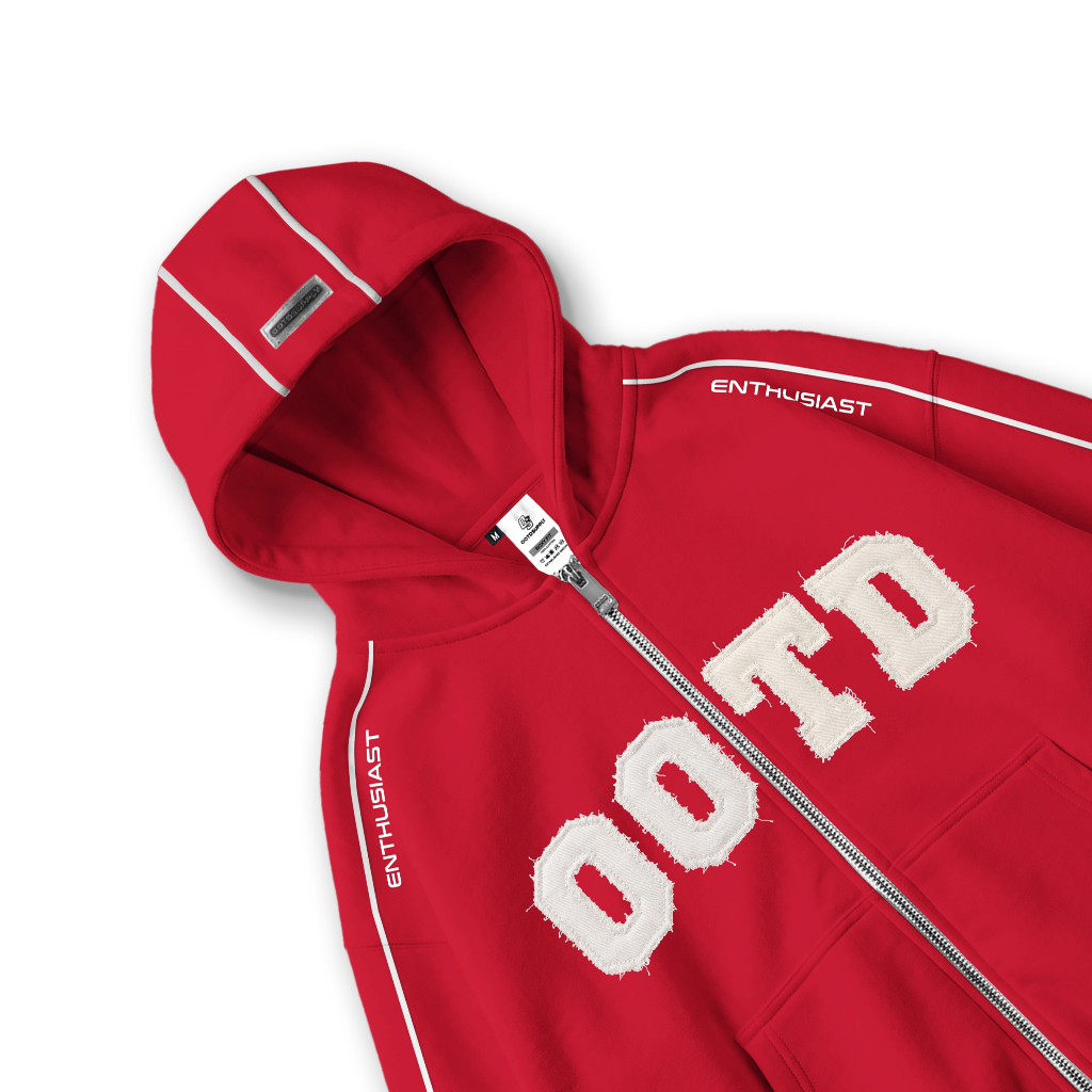 OOTDSUPPLY Hoodie Zipper BoxyFit Stray Red l Hoodie Boxy Zipper List Series | OS-HDBX-ZP-LIST-RC-002