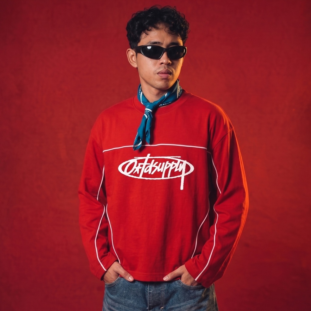 OOTDSUPPLY Longsleeve Boxy Cutline Astro Red Chili l Kaos Panjang Boxy List Unisex | LS-BX-CL-005