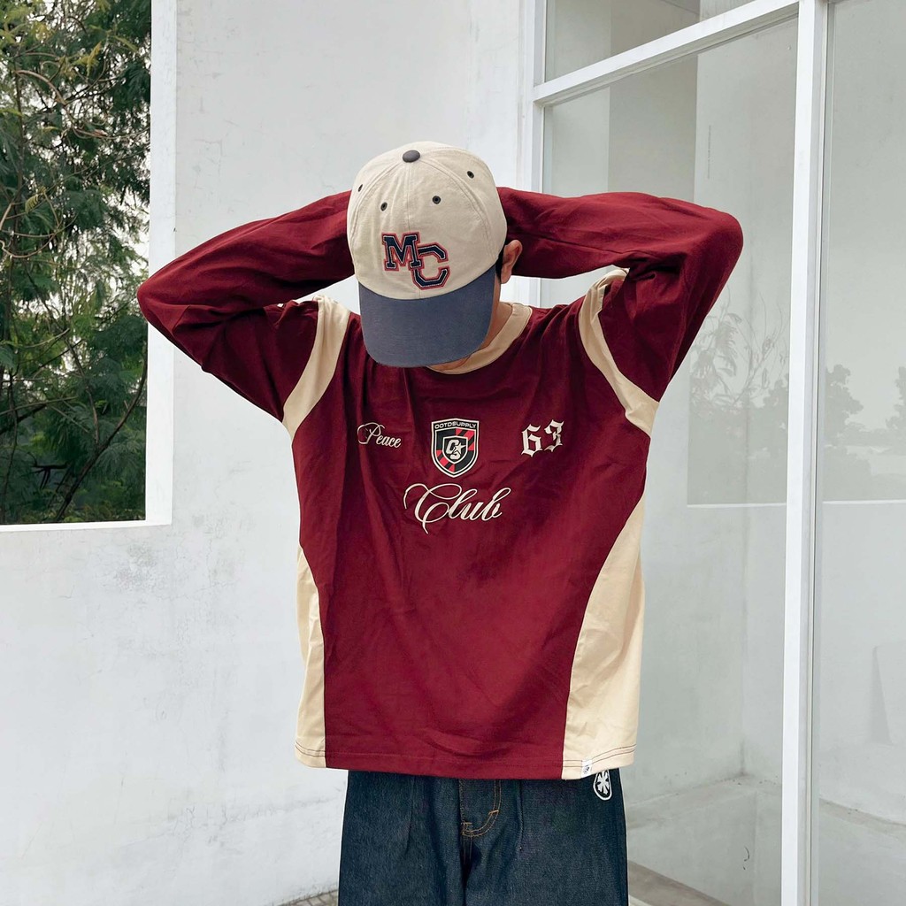 OOTDSUPPLY Longsleeve Boxy Slava Peace Club Maroon l Atasan Boxy Panjang Unisex | Kaos Lengan Panjang Pria dan Wanita | LS-BX-SLA001