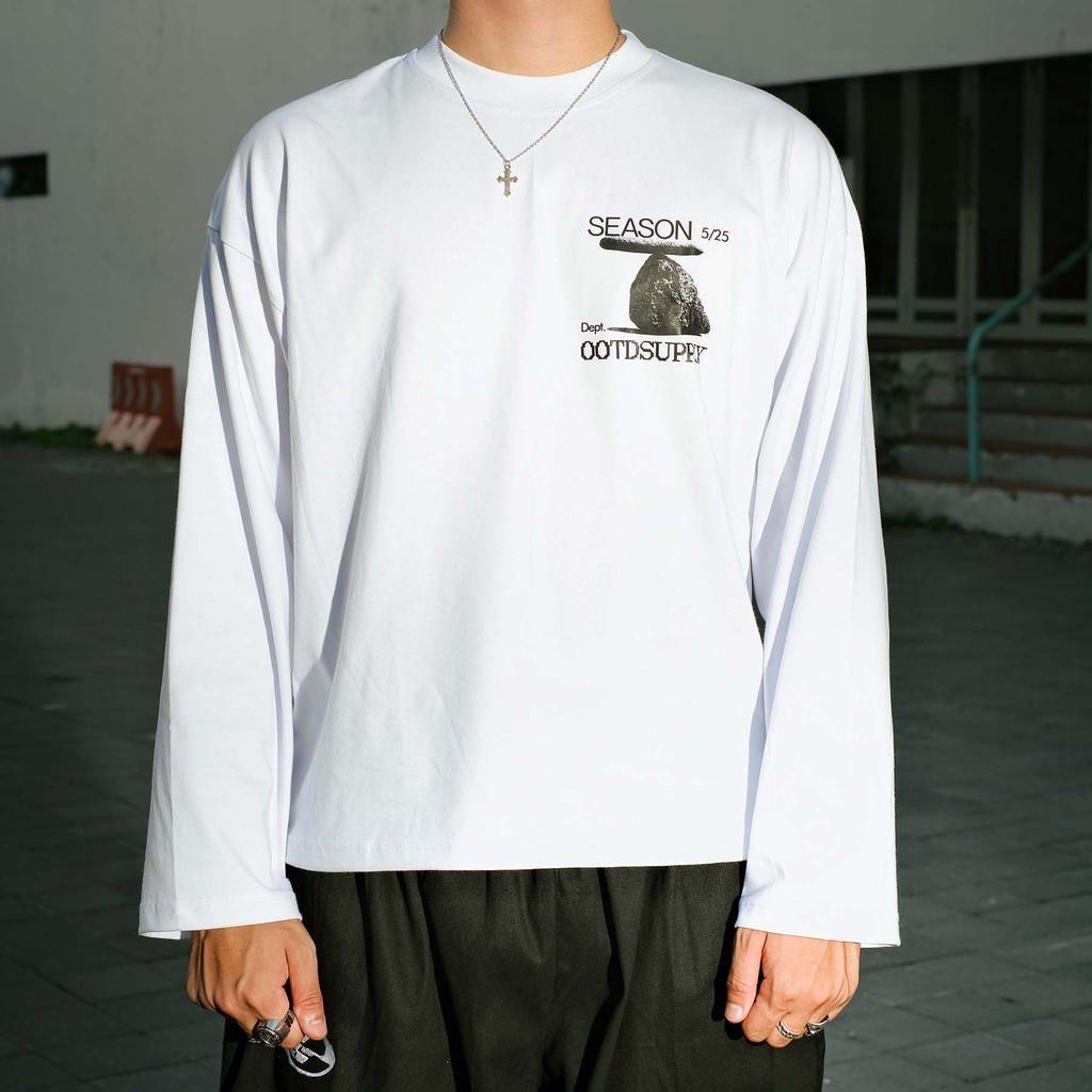 OOTDSUPPLY Longsleeve Boxy 20s Stone White l Oversize T-Shirt Lengan Panjang l Kaos Panjang I Atasan Unisex | LS-BX-005