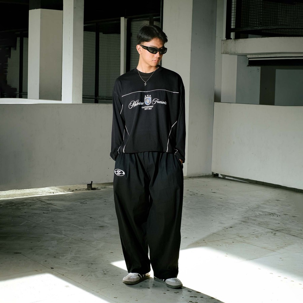 OOTDSUPPLY Longsleeve Boxy Cutline Melvine Black l Tshirt Boxyfit Panjang Unisex | Kaos Lengan Panjang Pria dan Wanita | LS-BX-CL-002