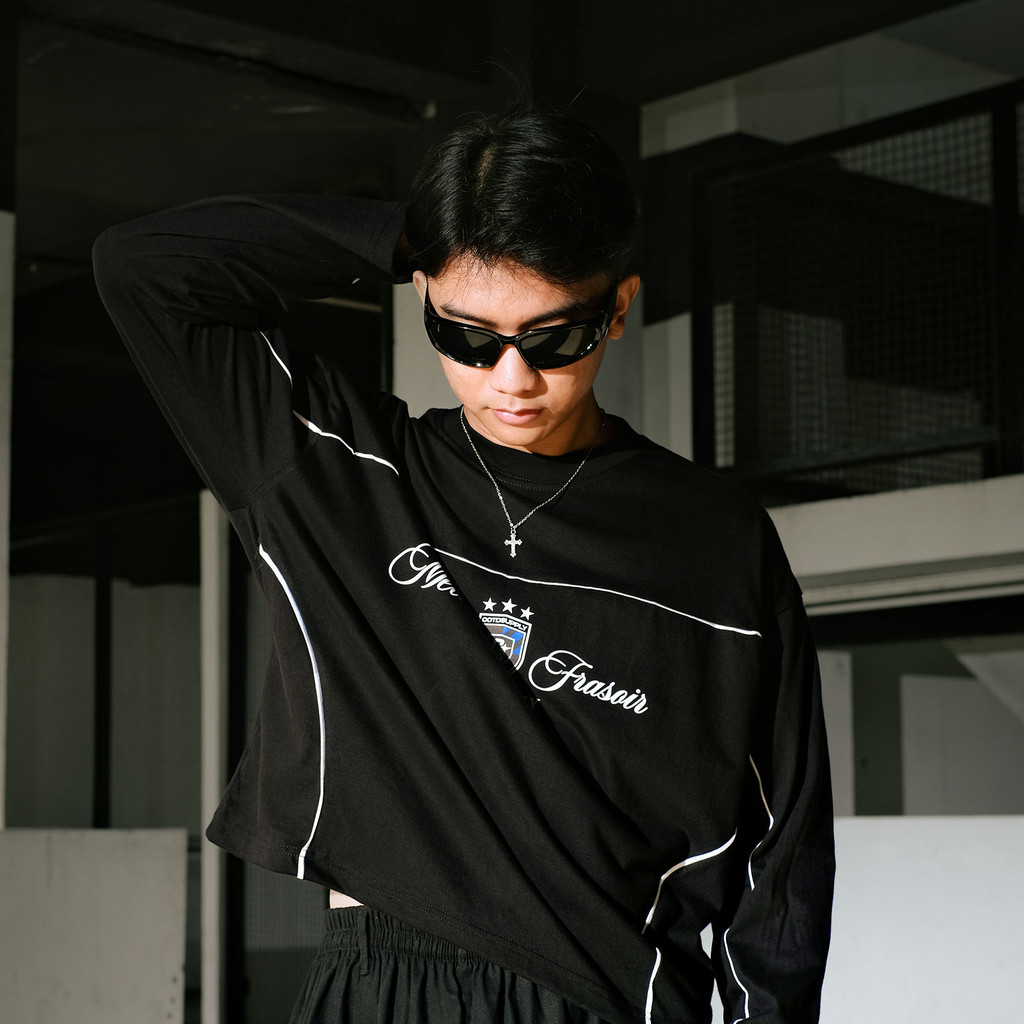 OOTDSUPPLY Longsleeve Boxy Cutline Melvine Black l Tshirt Boxyfit Panjang Unisex | Kaos Lengan Panjang Pria dan Wanita | LS-BX-CL-002